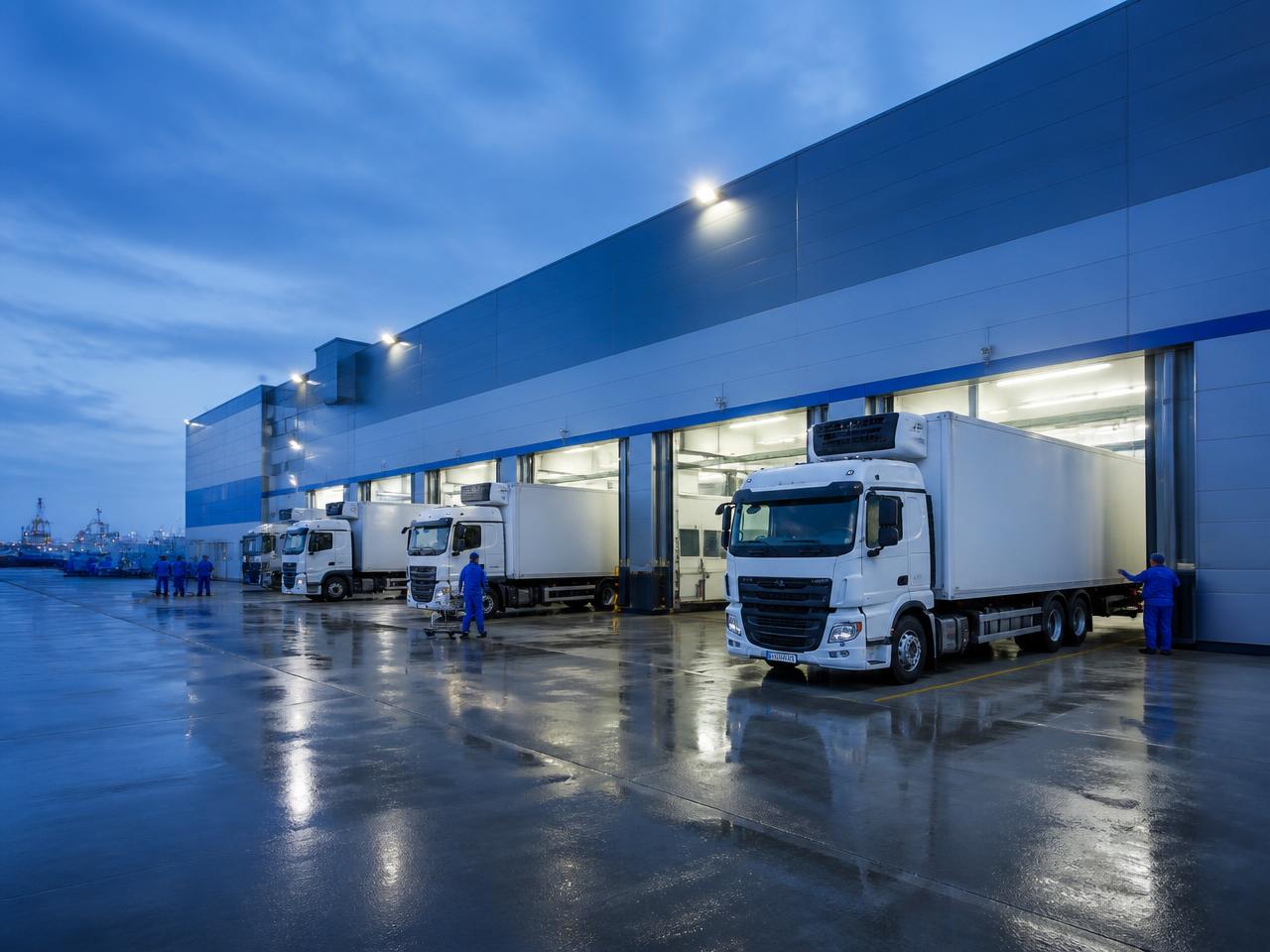 Reefer trucks at a processing plant loading dock