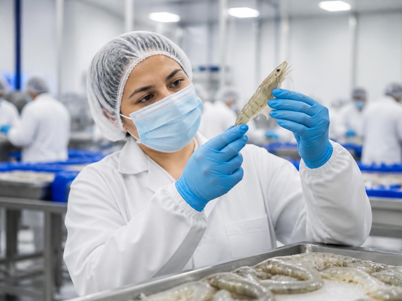 Quality technician inspecting a shrimp in a processing hall